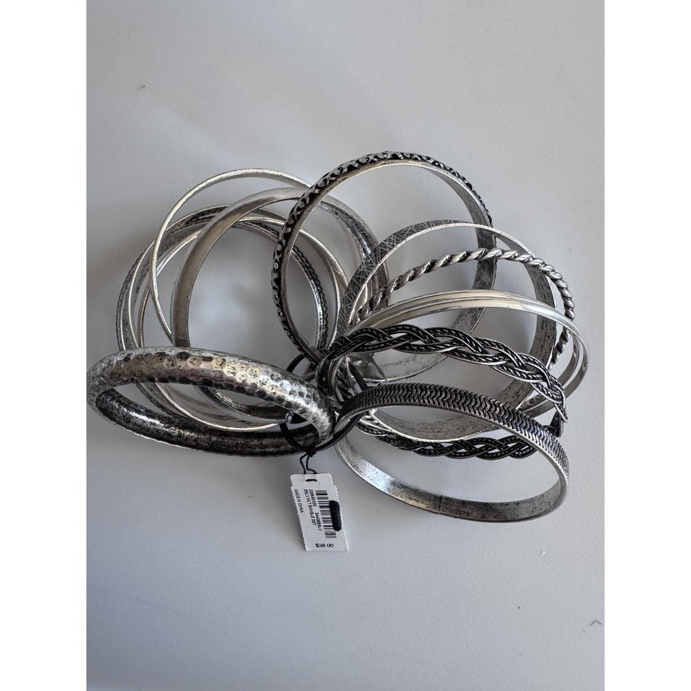 Bangle Set With Hammered, Arrow, Floral, Exaggerated Hexagram Design Silver - Picture 2 of 5